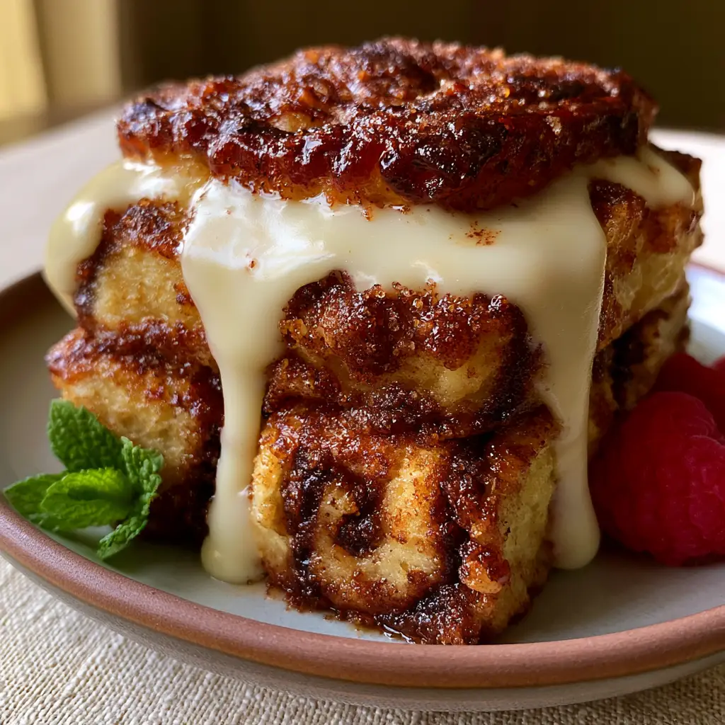 Cinnamon Roll Casserole: The Ultimate Gooey Breakfast Bake 1 Thick opaque cream cheese icing mid-drip over warm cinnamon roll layers with steam rising and fresh berries.