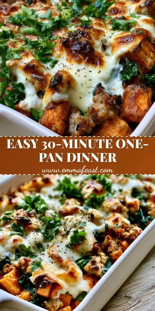 A premium ground turkey sweet potato casserole in a white ceramic dish featuring caramelized potatoes, wilted kale, and bubbling toasted mozzarella cheese.