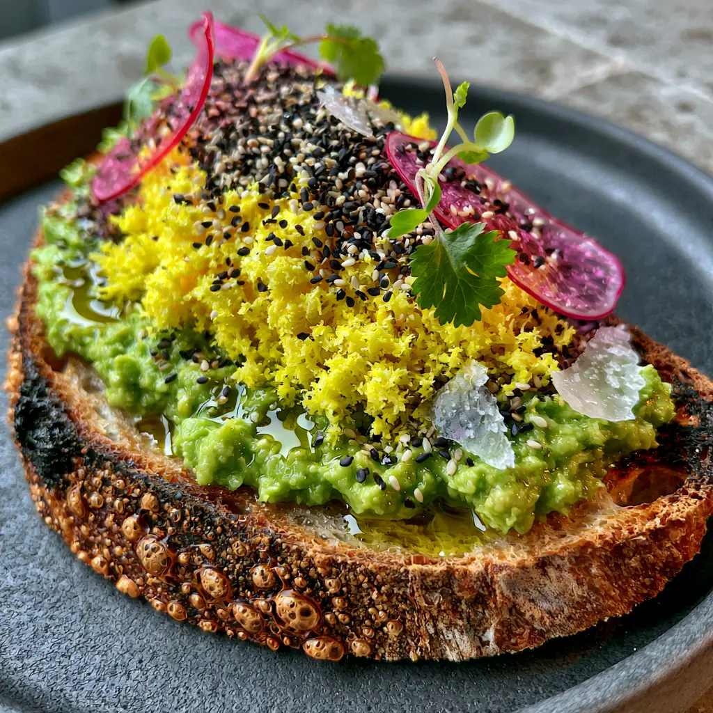 Top-down view of artisanal sourdough with charred edges and radish garnishes.