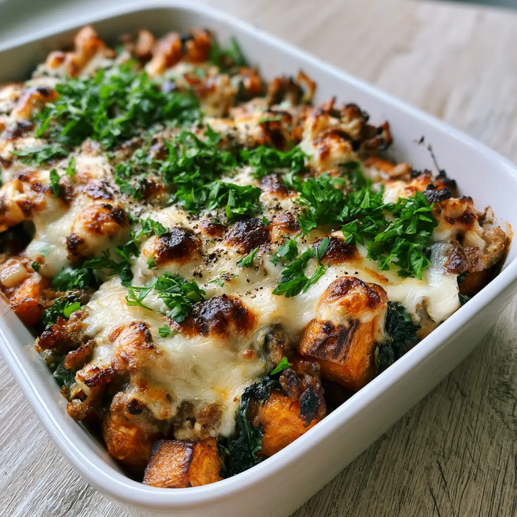 A serving of ground turkey sweet potato casserole showing the layers of wilted kale and melted cheese.