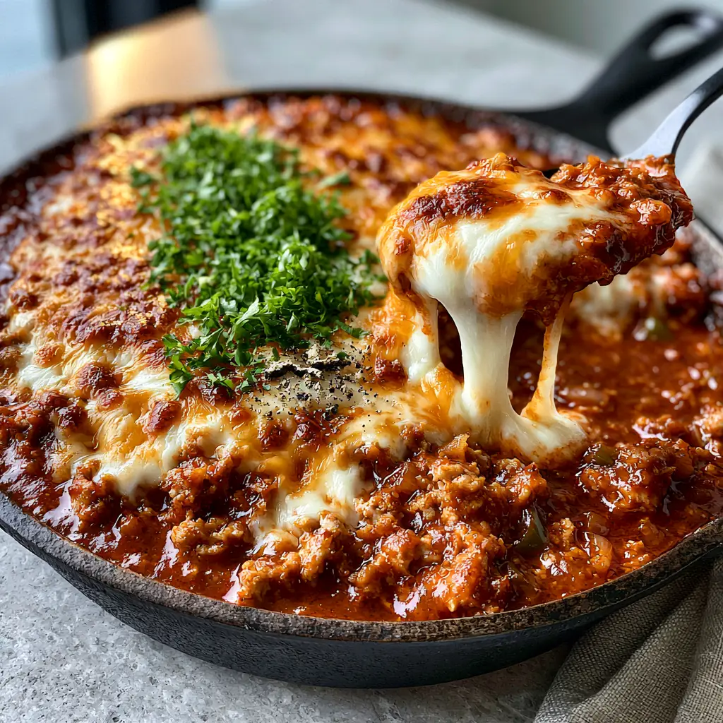 A serving spoon lifting a portion of Sloppy Joe ground turkey casserole showing a long cheese pull and toasted cheese spots.