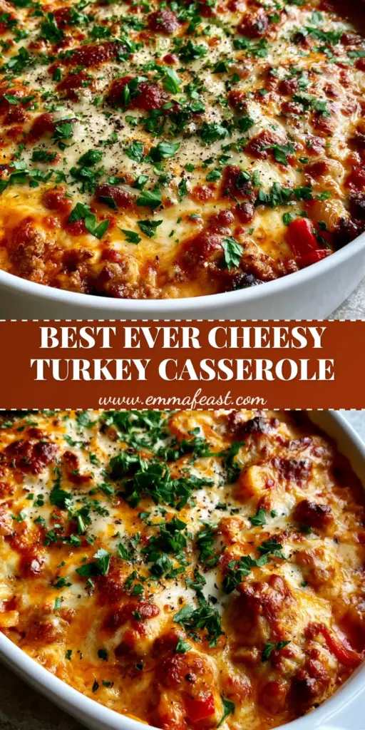 A bubbling Cheesy Ground Turkey Casserole in a white dish with melted mozzarella and toasted cheese spots.