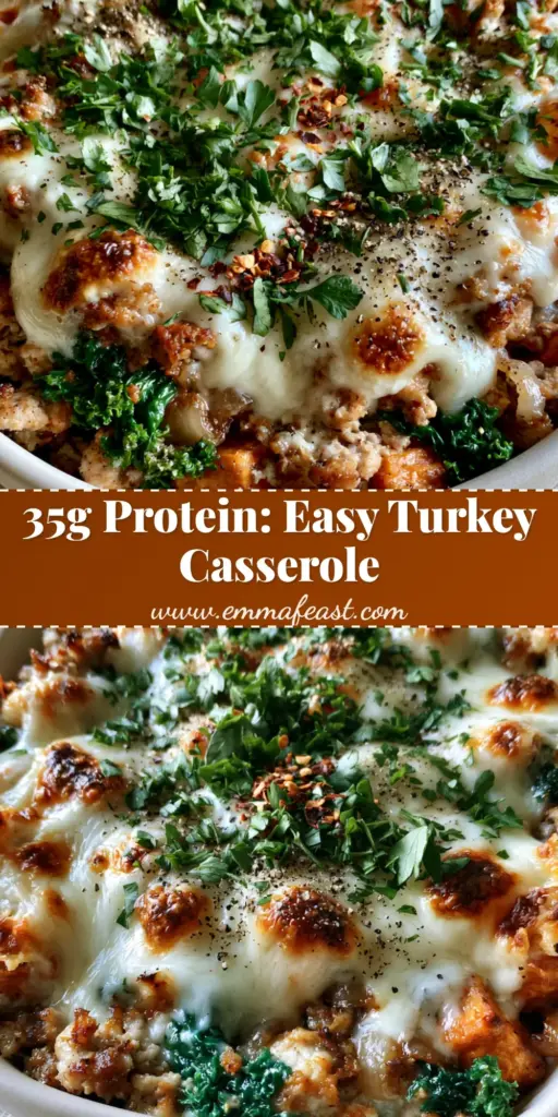 A top-down gourmet High Protein Ground Turkey Casserole featuring bubbly melted white cheeses, roasted sweet potatoes, and wilted kale in a white dish. (High Protein Ground Turkey Casserole)