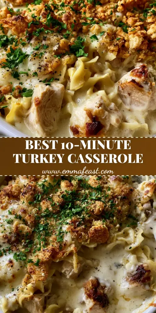 A creamy leftover turkey noodle casserole in a white dish with a golden Ritz cracker topping and fresh parsley garnish.