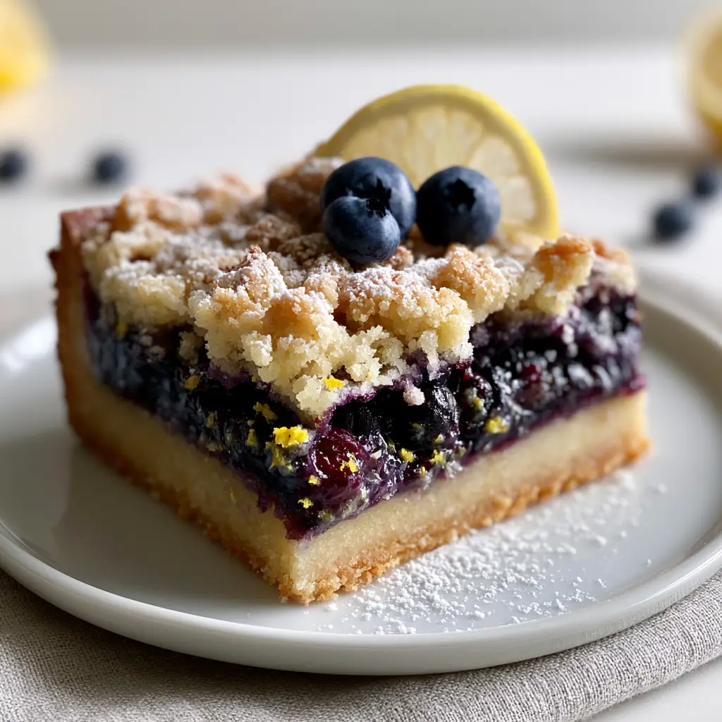 A smartphone photo of a single blueberry lemon pie bar on a linen napkin with natural morning light.