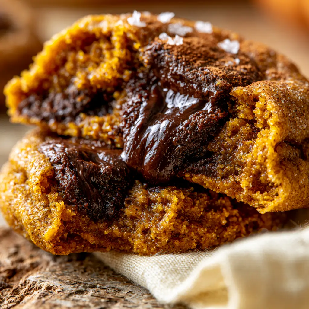 Extreme macro close-up of a thick Pumpkin Chocolate Chip Cookie being pulled apart to reveal a gooey, fudgy interior.