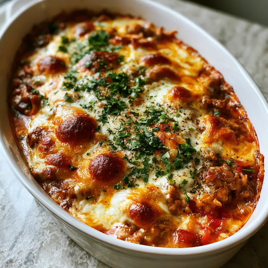 Top down view of a finished Cheesy Ground Turkey Casserole garnished with fresh parsley.