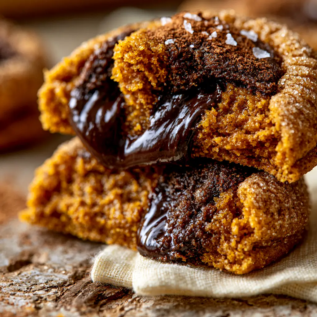 Pumpkin Chocolate Chip Cookies: The Ultimate Soft & Gooey Recipe 1 A close-up of a pumpkin spice cookie with a sugary crinkle exterior, topped with cinnamon dusting and sea salt crystals.