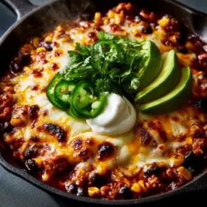Top-down shot of a Mexican ground turkey casserole in a matte black skillet featuring roasted corn and melted cheese.