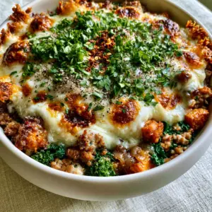 Close up shot of seared turkey crumbles and roasted sweet potatoes topped with melted sharp white cheddar. (High Protein Ground Turkey Casserole)