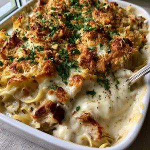 Close up of wide egg noodles and shredded turkey in a thick ivory cream sauce. (leftover turkey noodle casserole)