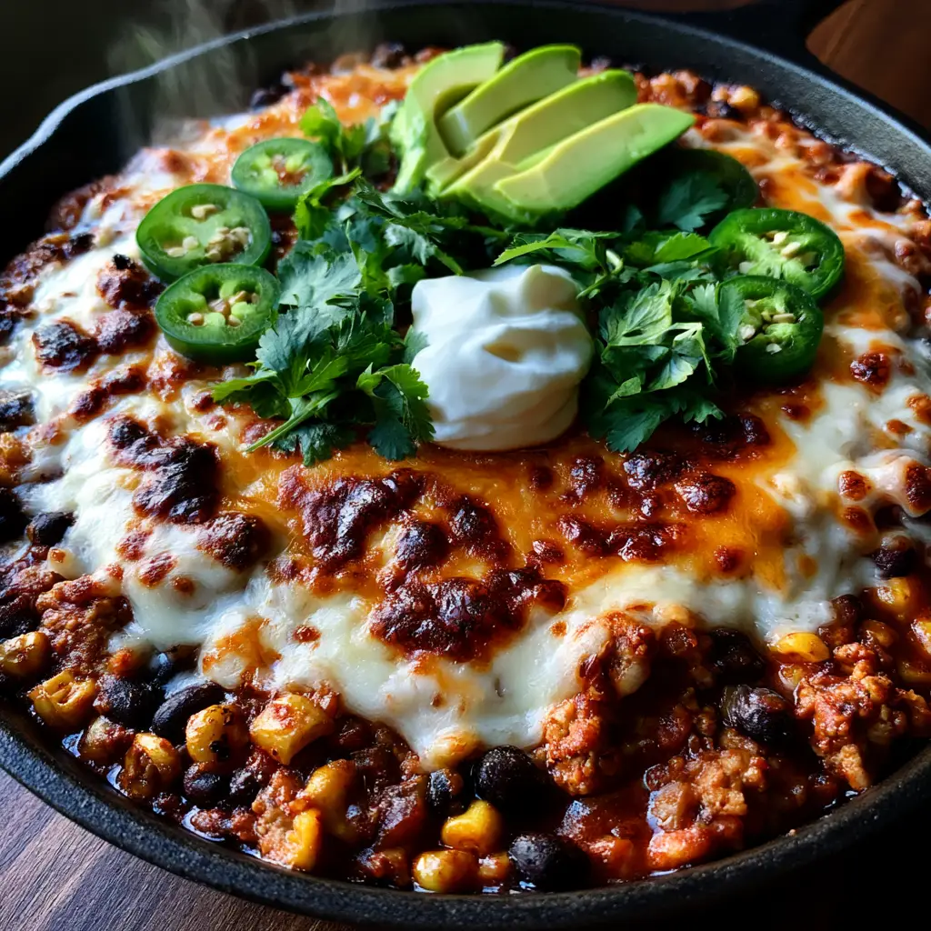 Close up view of charred cheddar cheese spots and fresh jalapenos on a Mexican ground turkey casserole.