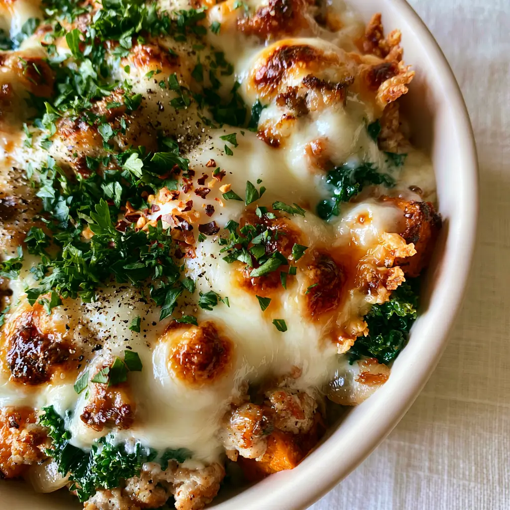 Top down view of a finished turkey casserole with bubbly cheese, red pepper flakes, and fresh parsley garnish.