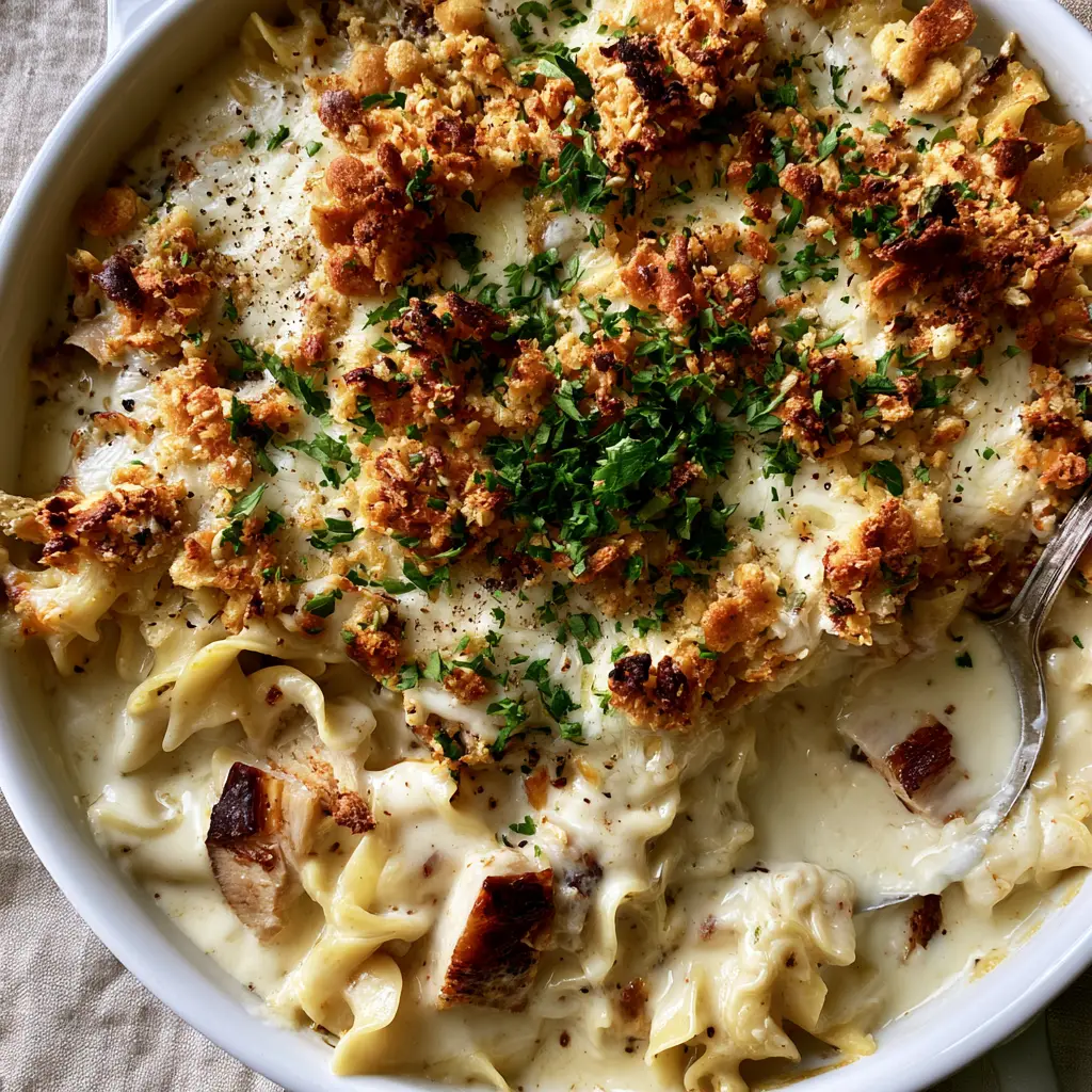 A silver spoon scooping out a portion of turkey casserole showing melted mozzarella and browned turkey edges.