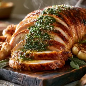Close up shot of thick slices of roasted turkey breast with glistening juices and mahogany gold skin.