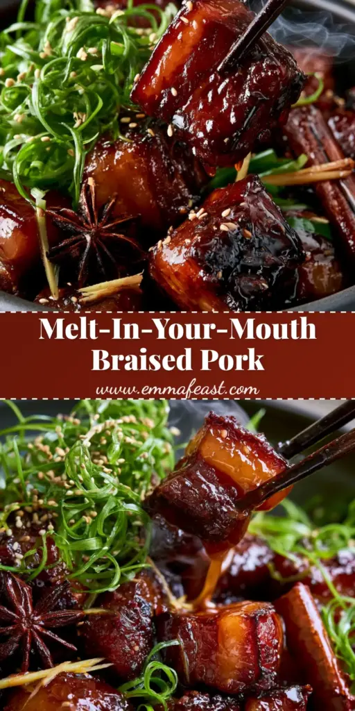 A dark wooden chopstick lifting a glistening cube of Instant Pot Chinese Braised Pork showing a sticky sauce trail and steam.