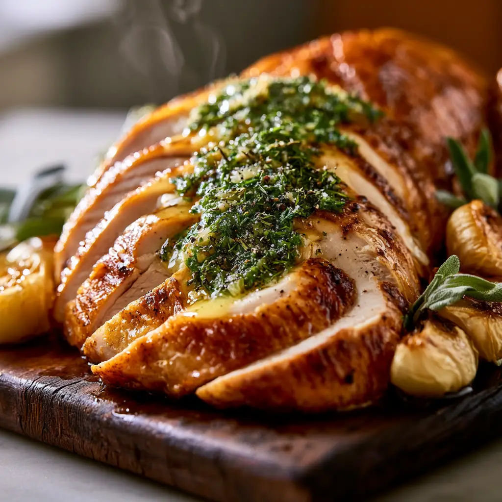 Top view of roasted turkey breast drizzled with glossy herb garlic butter sauce and fresh rosemary.