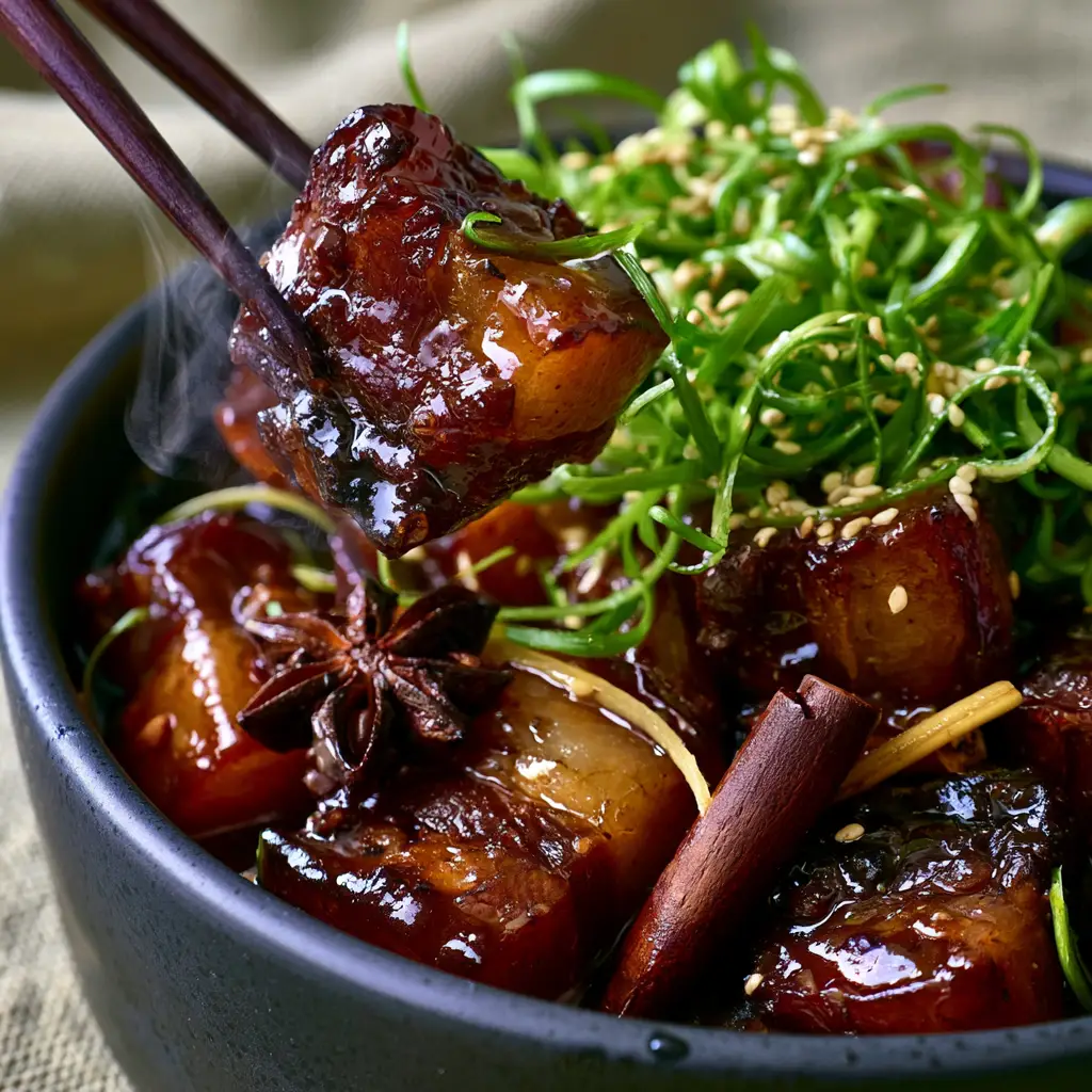 A bowl of Instant Pot Chinese Braised Pork showing distinct meat layers, cinnamon sticks, and ginger slivers.