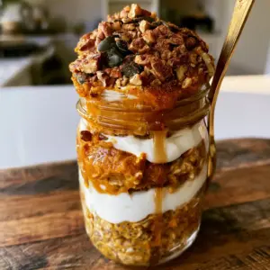 Close up view of the creamy texture of pumpkin overnight oats in a jar with cinnamon dusting.