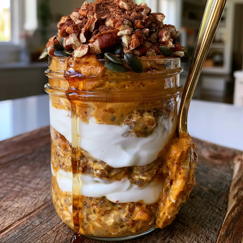 pumpkin overnight oats: The Ultimate Creamy Make-Ahead Fall Breakfast 1 A mason jar of pumpkin overnight oats topped with pecans and pepitas on a rustic wooden counter.