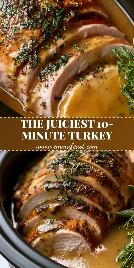 A vertical photo of sliced slow cooker turkey breast with glistening herb butter and thick golden-brown gravy, garnished with fresh rosemary and thyme.