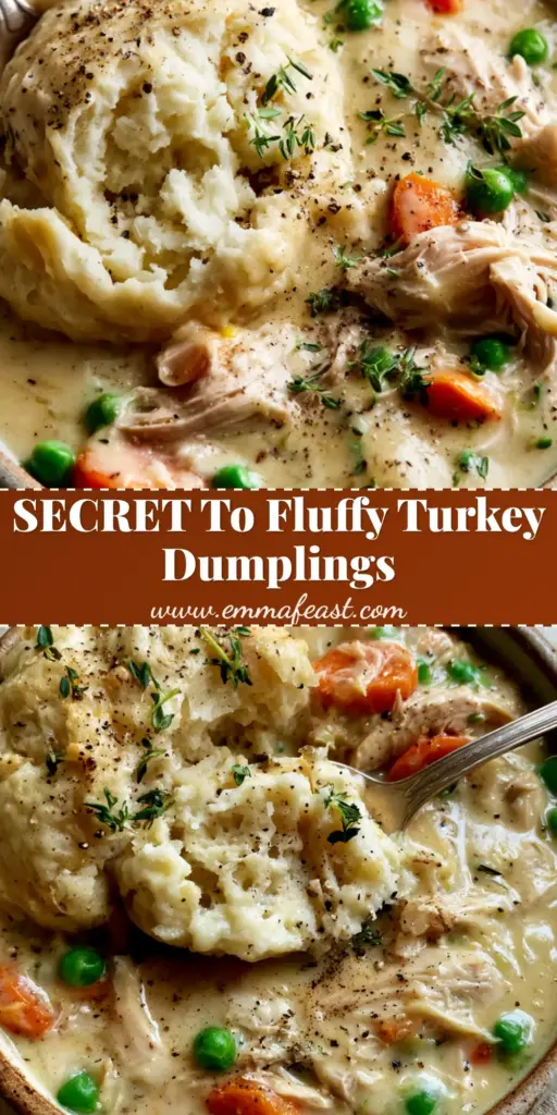 A close up of a bowl of creamy turkey and dumplings with oversized airy dumplings and shredded roasted turkey.