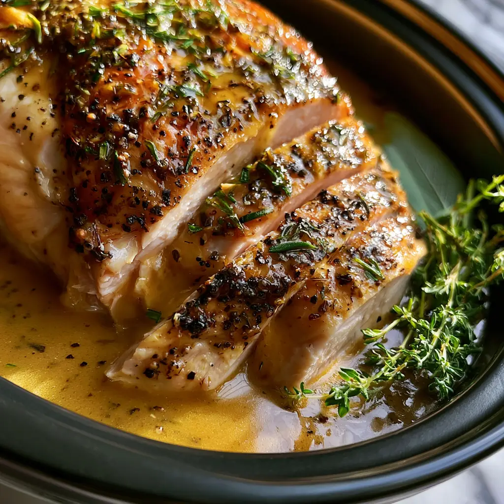 Sliced turkey breast resting in a matte black slow cooker surrounded by velvety golden-brown gravy and fresh sage sprigs.