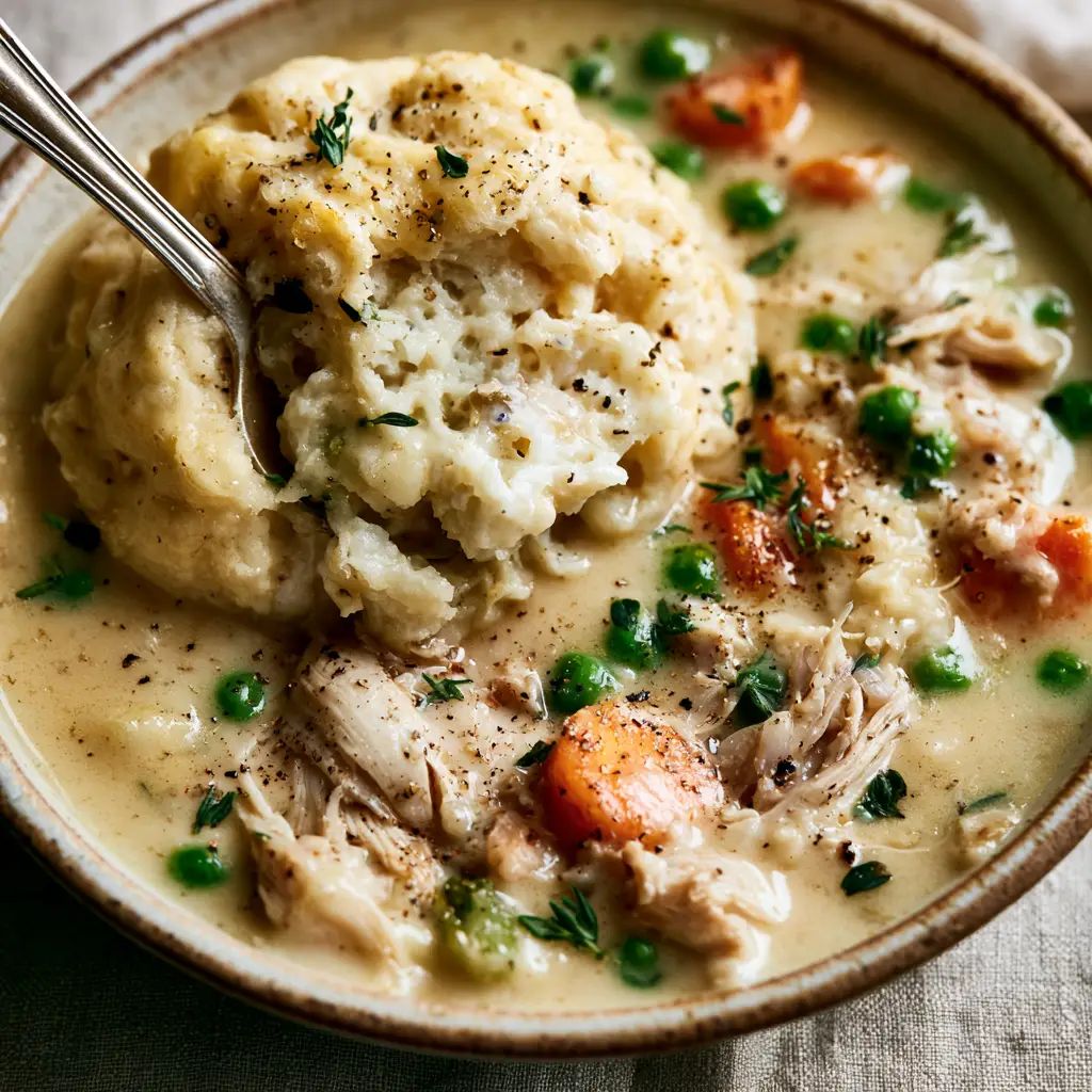 A silver spoon tearing open an airy flour dumpling to show a porous interior in a bowl of turkey and dumplings.