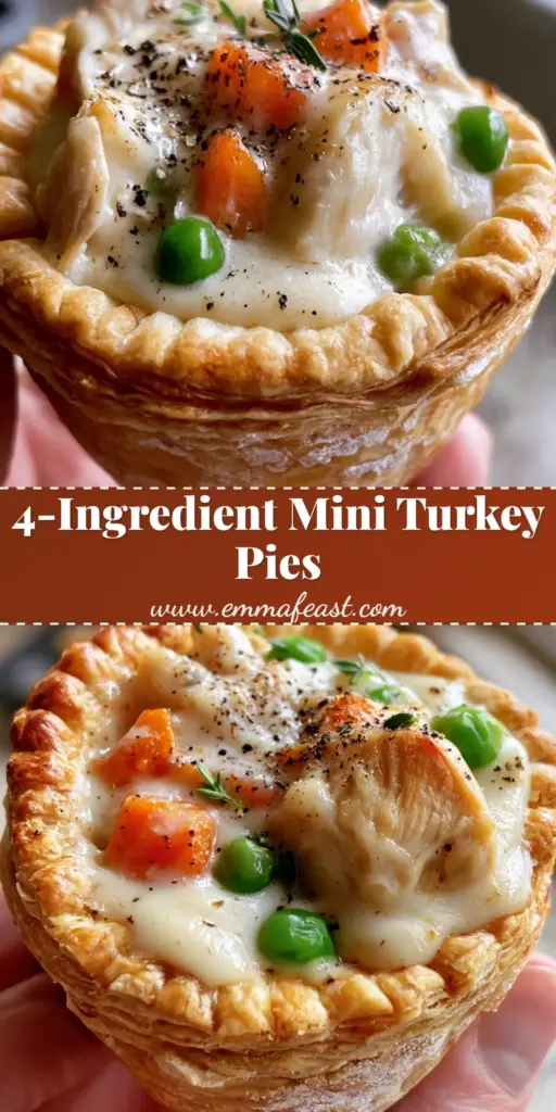A handheld mini turkey pot pie with golden flaky puff pastry and overflowing cream sauce. (turkey pot mini pies)