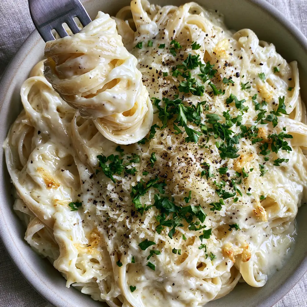Overhead view of fettuccine pasta topped with micro-planed cheese and cracked pepper. (Creamy Pasta Recipe)