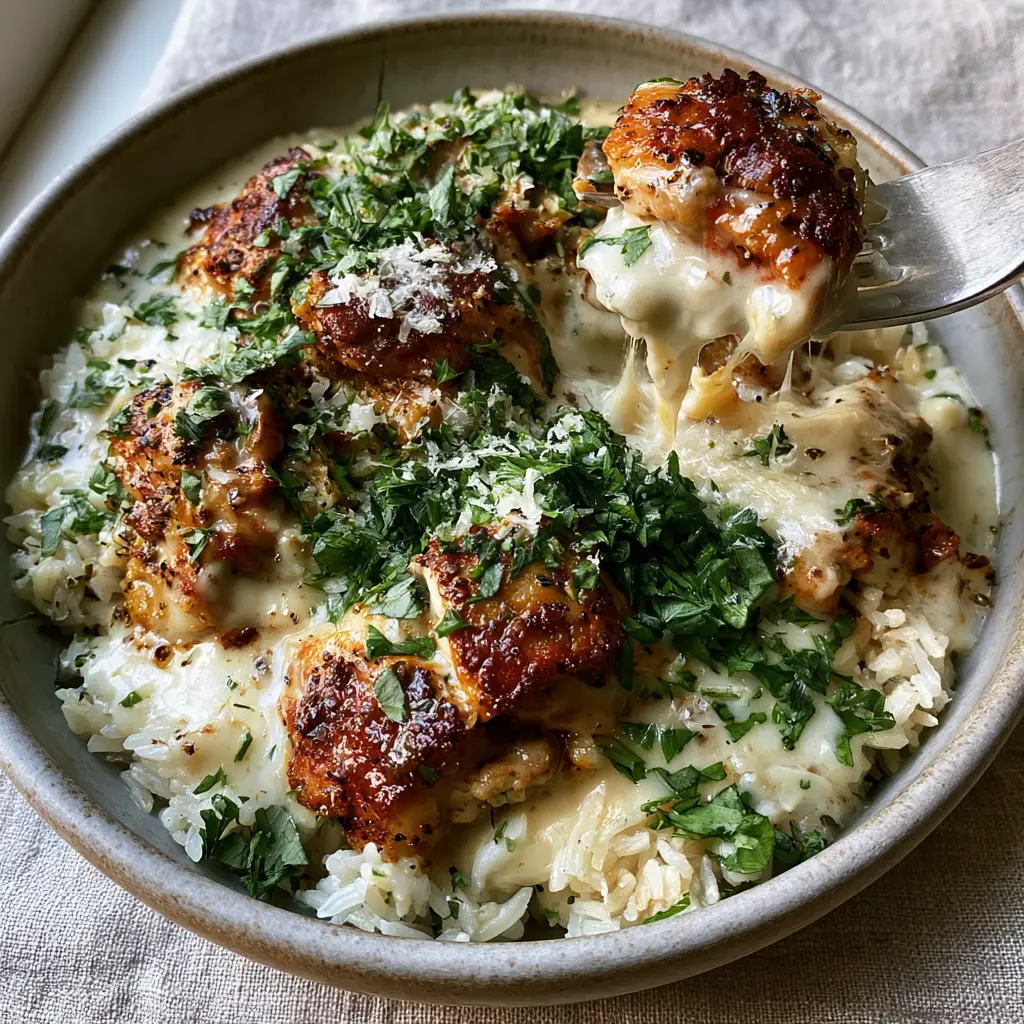 A rustic matte-grey ceramic bowl filled with creamy smothered chicken and rice garnished with fresh parsley.