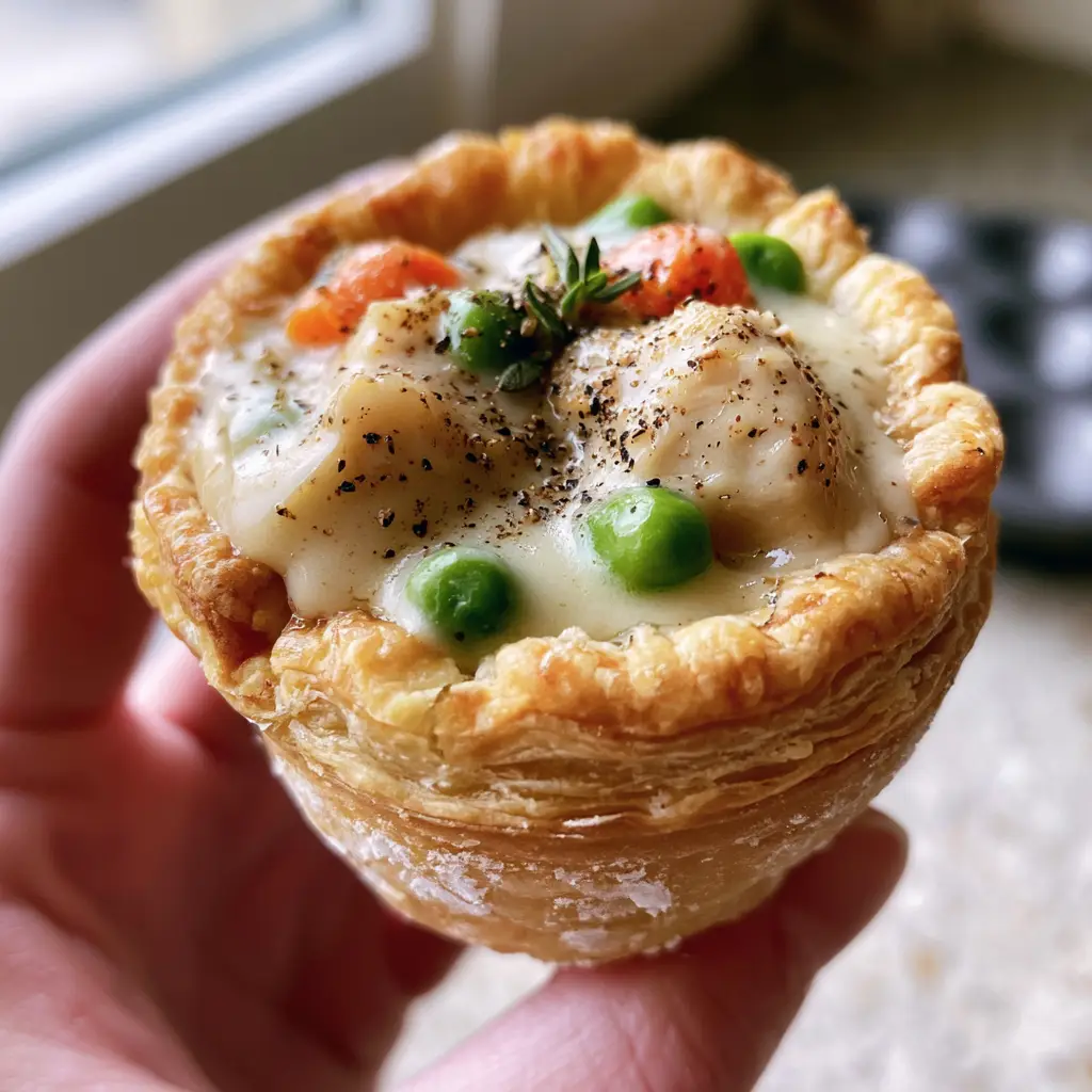 Interior view of turkey pot mini pies showing thick cream sauce, carrots, and peas.