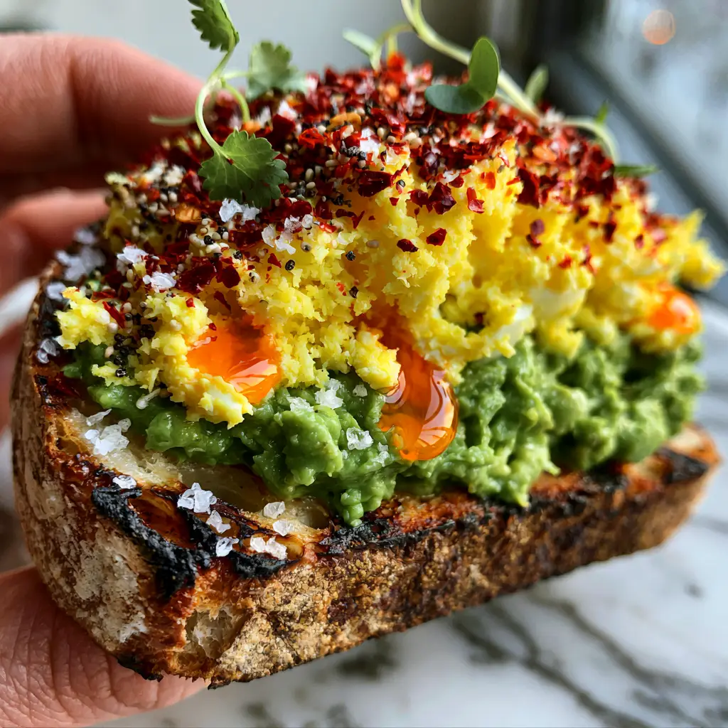 Angled shot of high-protein avocado toast recipes with charred sourdough and everything bagel seasoning.
