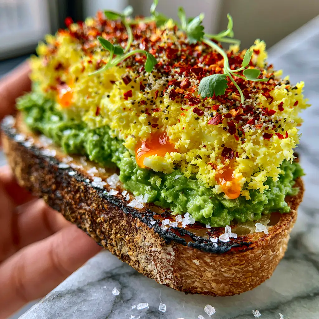 Close up of glossy chili oil drizzled over fluffy grated egg on avocado toast.