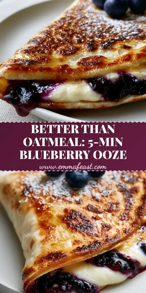 Blueberry Breakfast Quesadilla with Cream Cheese and Honey 4 A golden toasted Blueberry Breakfast Quesadilla oozing with melted cream cheese and dark purple blueberry syrup on a white plate.