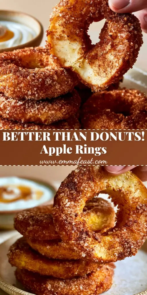 A stack of crispy Air Fryer Cinnamon Apple Rings with a glistening sugar coating and a side of honey-drizzled Greek yogurt.