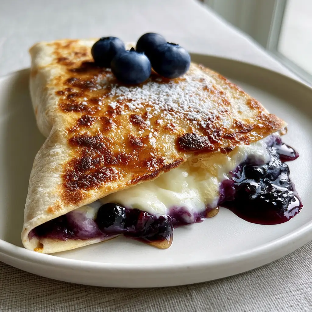 Extreme macro of a Blueberry Breakfast Quesadilla showing charred spots, melted cream cheese, and jam-like blueberry syrup.