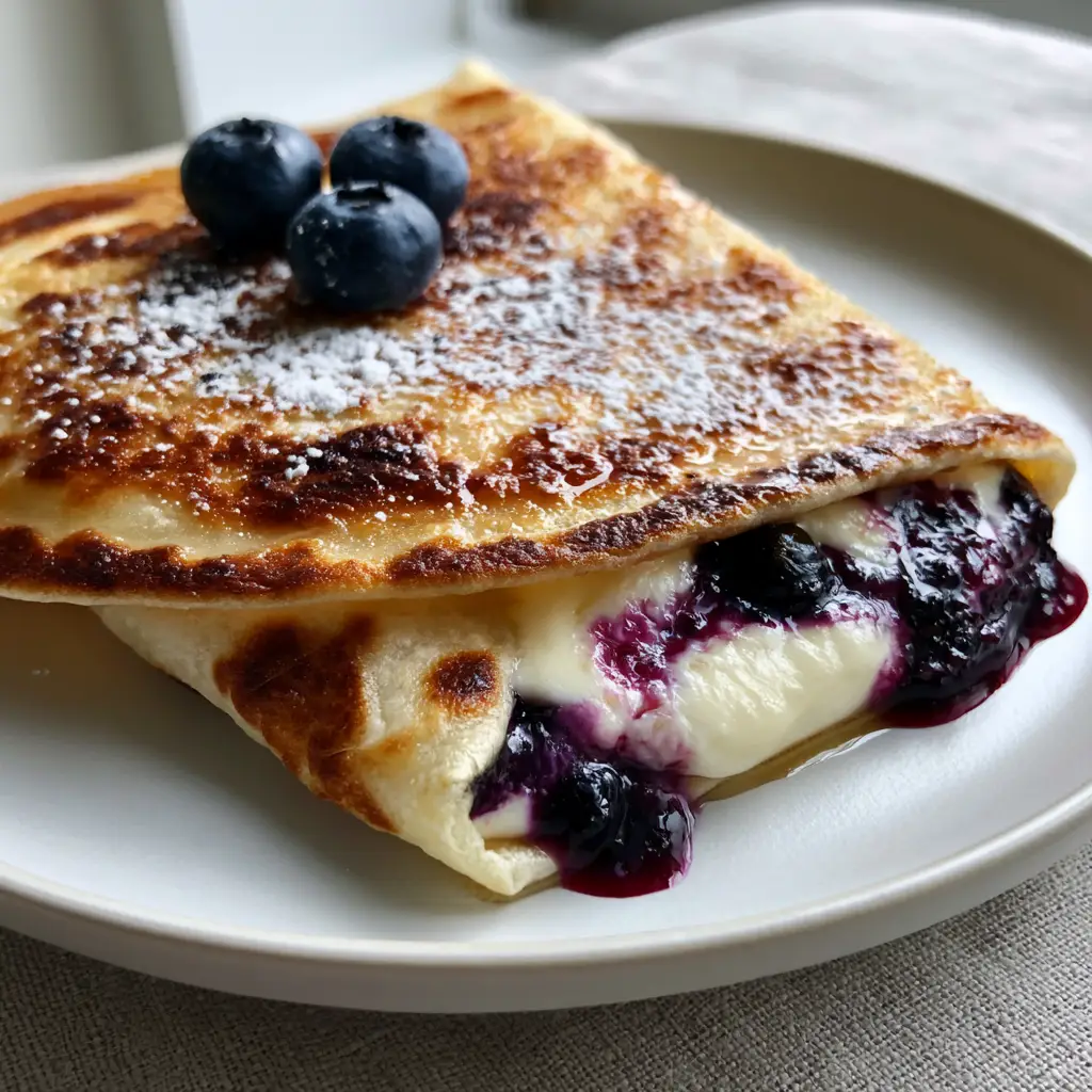 Blueberry Breakfast Quesadilla with Cream Cheese and Honey 1 Top view of a Blueberry Breakfast Quesadilla garnished with fresh berries and powdered sugar.