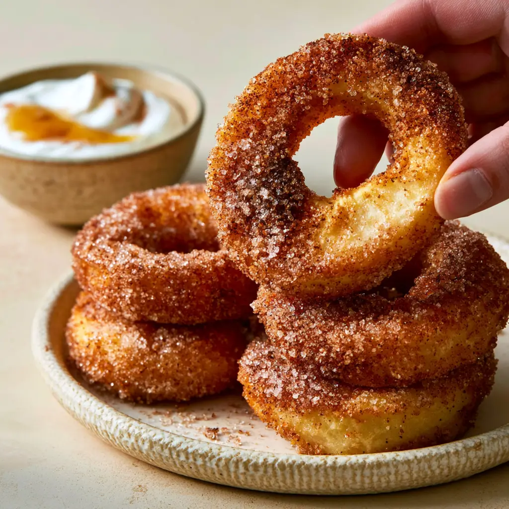 A stack of glistening cinnamon sugar apple rings on a stoneware plate with Greek yogurt dip.