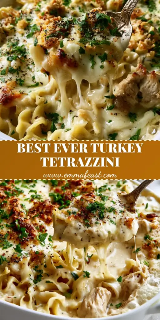 A vertical extreme close-up of Turkey Tetrazzini in a white dish with a vintage silver spoon lifting a portion showing a long mozzarella cheese pull.