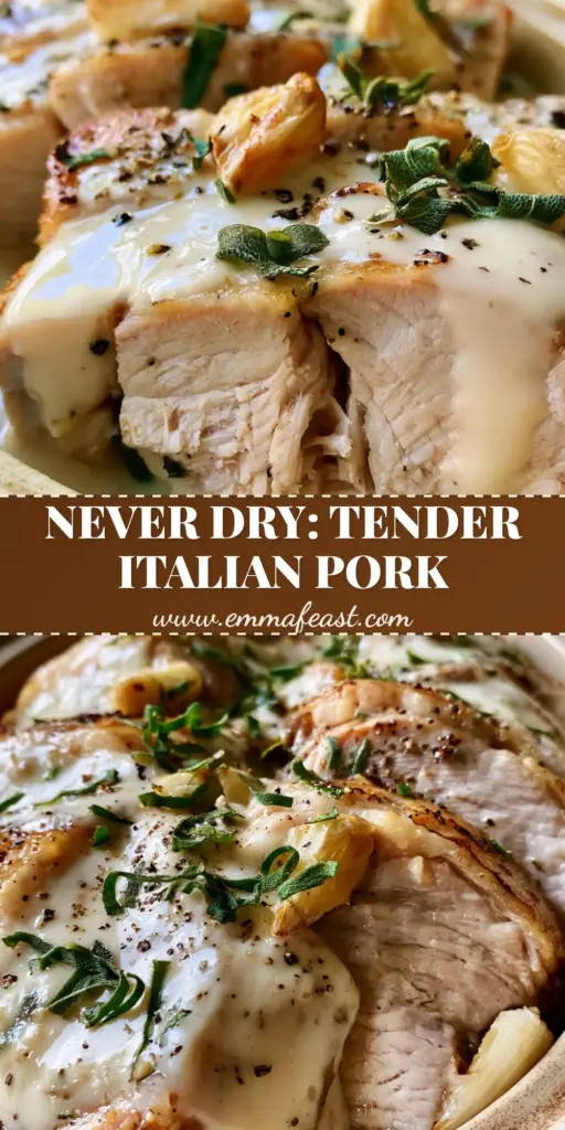 A tall, vertical shot of thick slices of succulent Italian milk-braised pork in a creamy garlic reduction sauce garnished with sage.