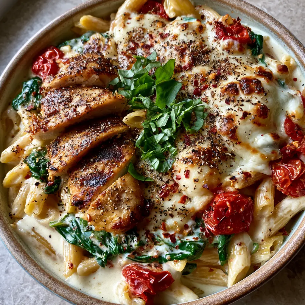 Close up shot of bubbly melted mozzarella cheese and blistered cherry tomatoes on top of penne pasta.