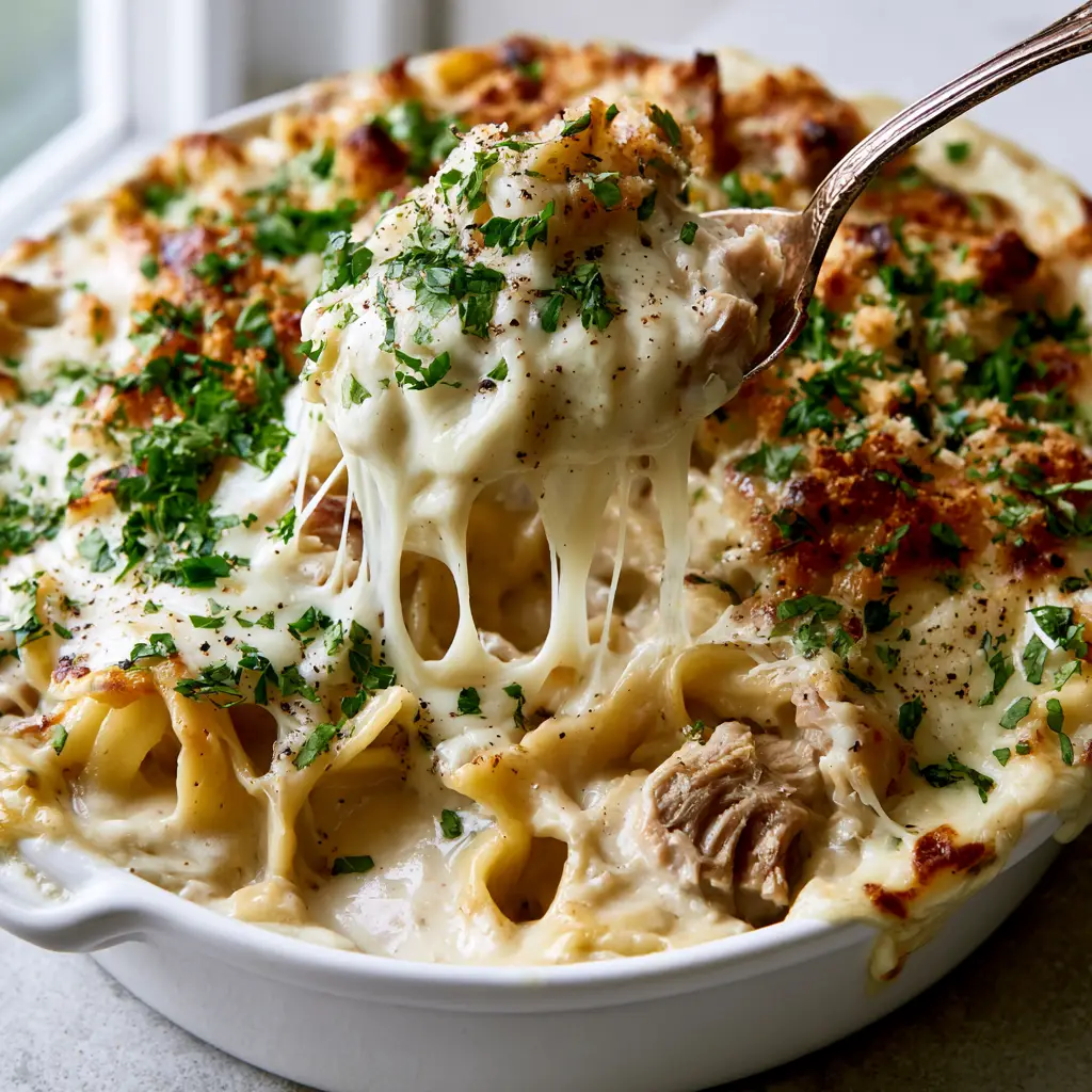 Glossy ivory cream sauce bubbling at the edges of a Turkey Tetrazzini casserole with fresh parsley garnish.
