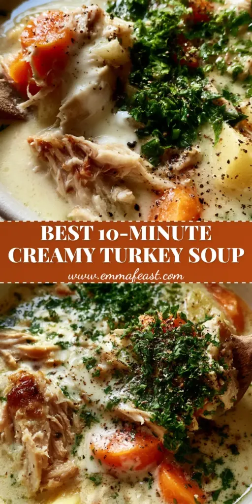 Leftover Turkey Recipes: The Creamiest Turkey and Potato Soup 3 A close-up vertical shot of creamy turkey soup with shredded turkey and carrots, titled best leftover turkey recipes.