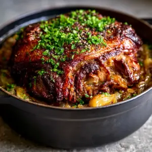 Extreme close-up of braised pork shoulder falling apart into juicy shreds with caramelized mahogany edges.