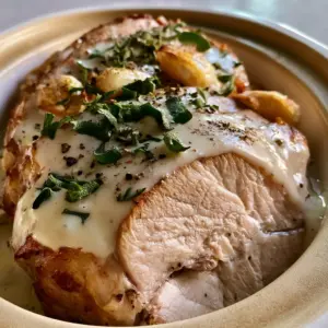 Macro photo of fork-tender Italian milk-braised pork slices glistening with creamy ivory sauce and fresh sage ribbons.