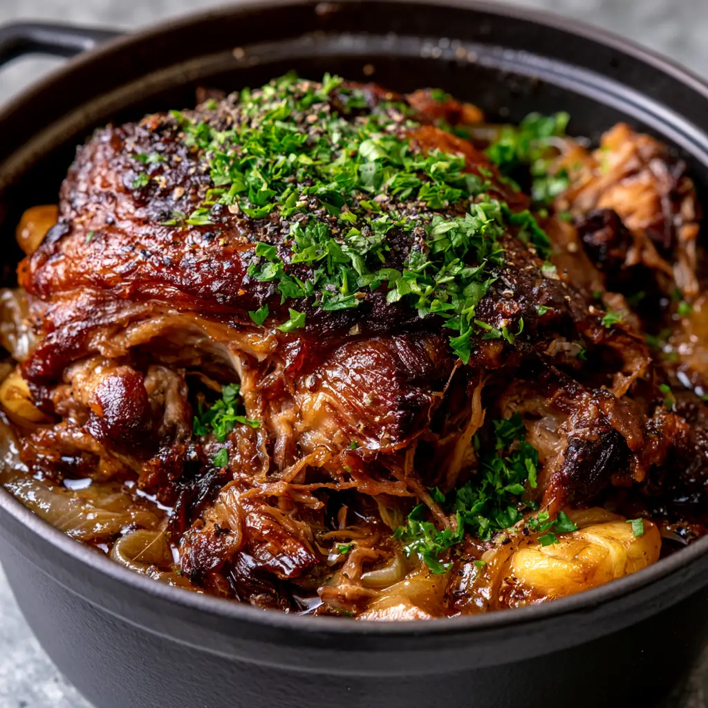 Braised Pork Shoulder with Caramelized Garlic and Onions 1 Braised pork shoulder in a Dutch oven surrounded by translucent onions and softened garlic cloves in a glossy sauce.