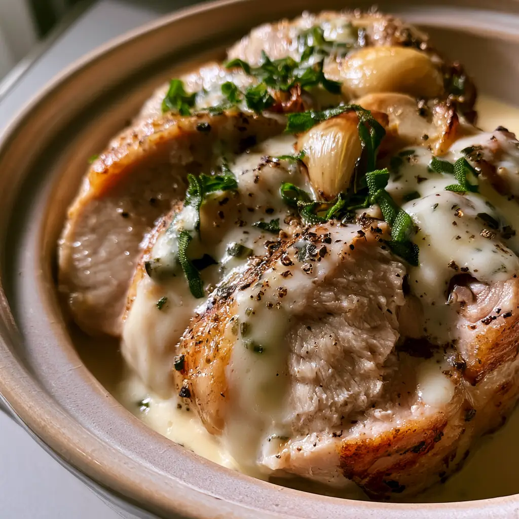 Thick slices of Italian milk-braised pork resting in a ceramic pot, pooled in ivory garlic sauce with whole roasted garlic cloves.