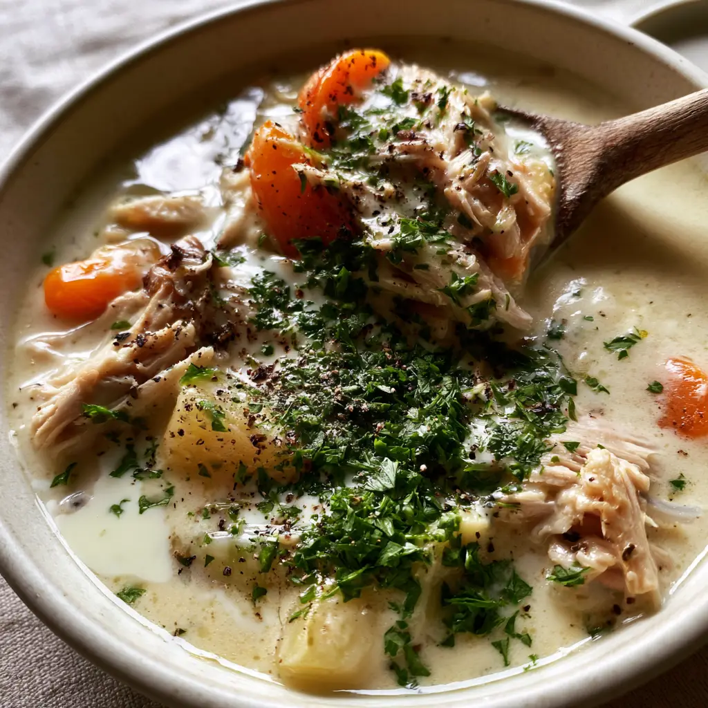 Leftover Turkey Recipes: The Creamiest Turkey and Potato Soup 2 Top-down macro shot of creamy leftover turkey soup in a matte stoneware bowl with parsley and pepper. (leftover turkey recipes)