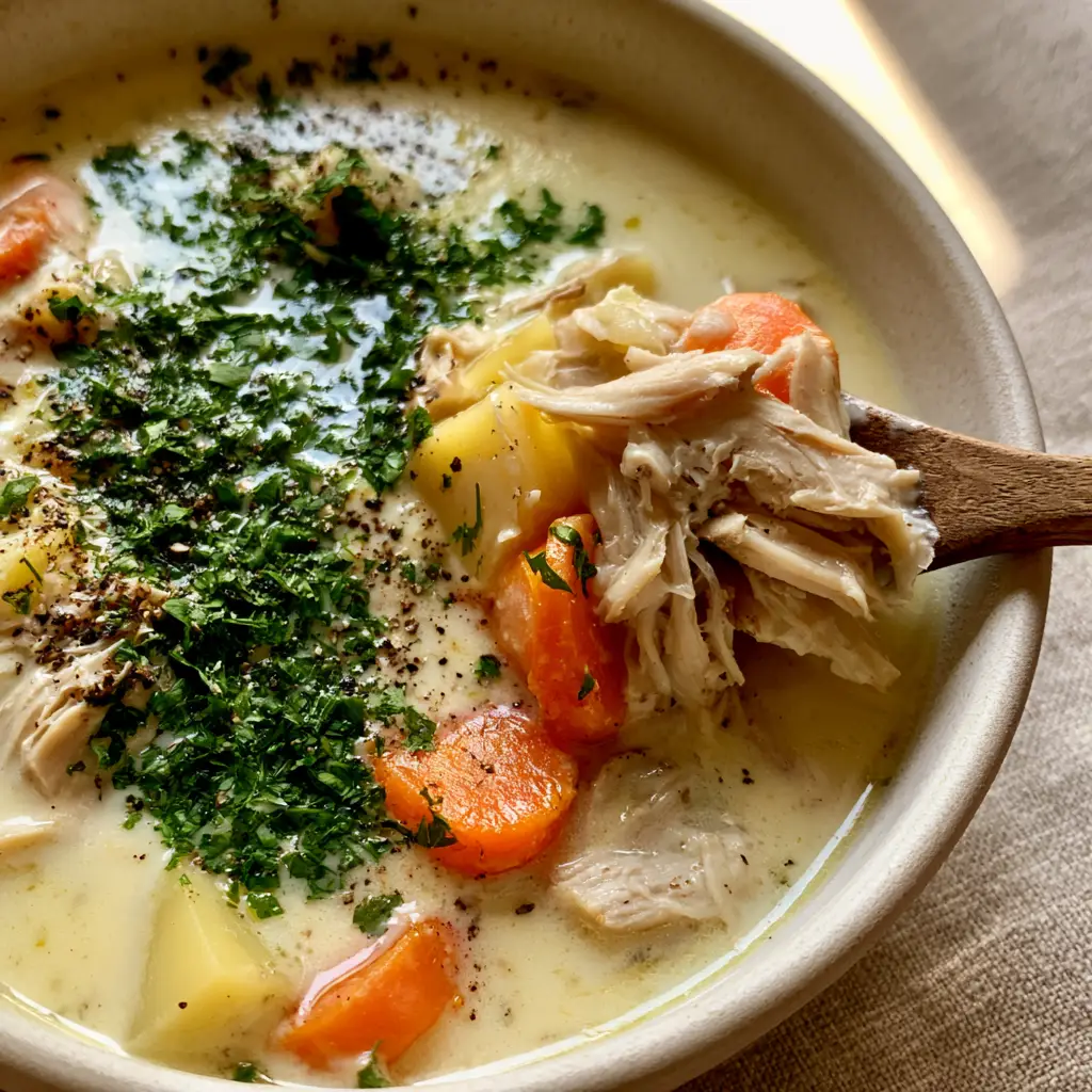 Leftover Turkey Recipes: The Creamiest Turkey and Potato Soup 1 A rustic wooden spoon lifting a heap of shredded roasted turkey and gold potatoes from a creamy broth.